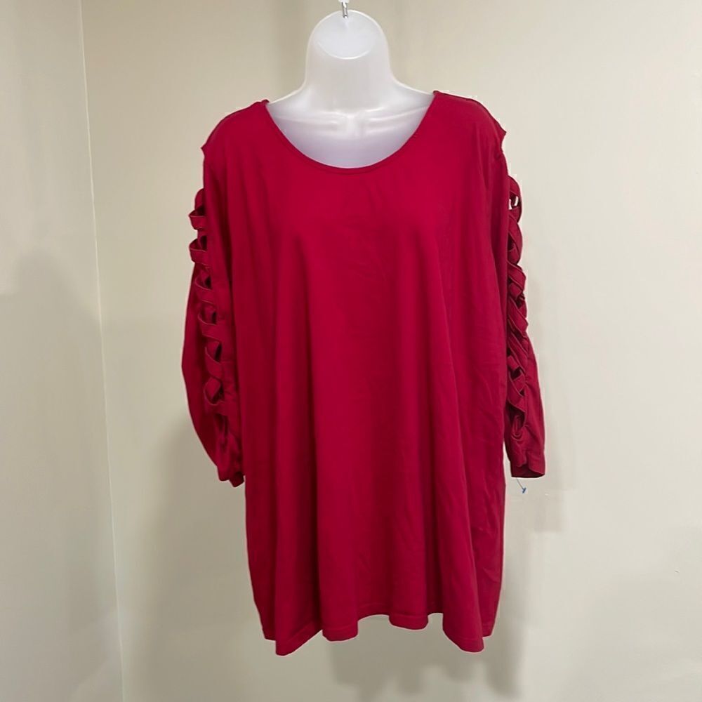 NWOT Roaman's Red Blouse with Open Criss Cross Sleeves.  Size 30/32 3X